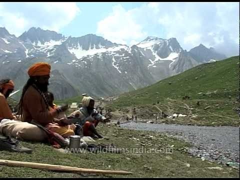Group of sadhus relaxing on trail to Amarnath cave shrine