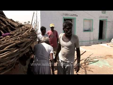 Villagers construct thatched mud hut - India