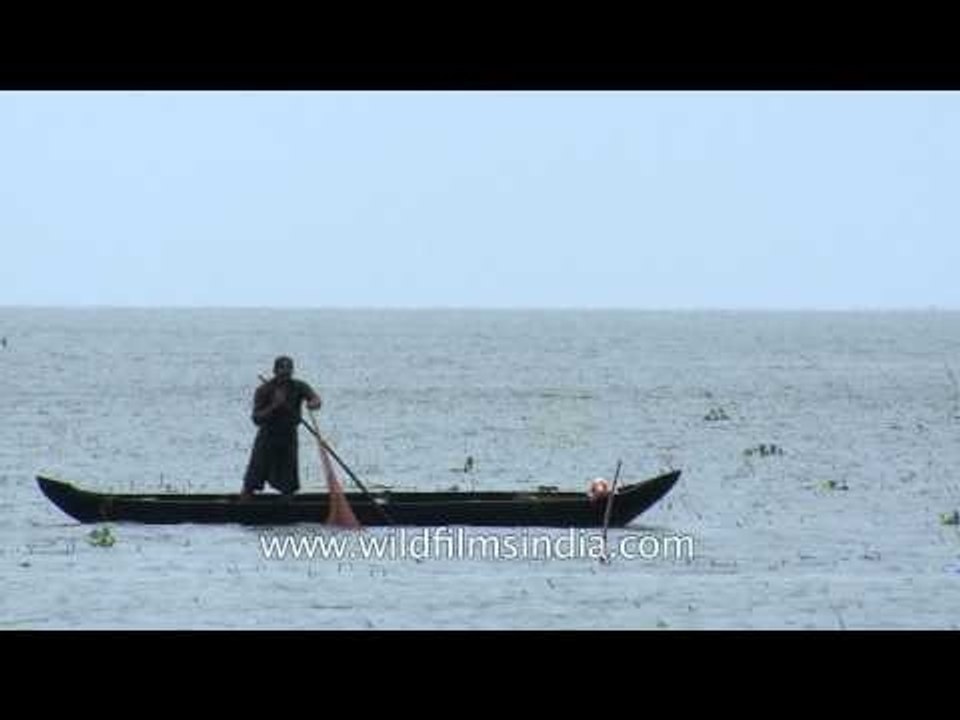 Fisherman catching fish on Lake Vembanad - Kerala