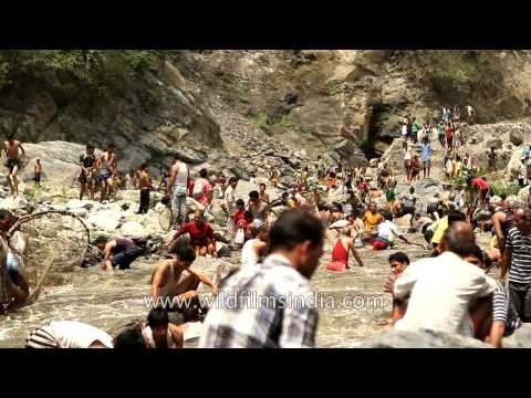 Villagers catch fishes in River Aglar during Maund mela
