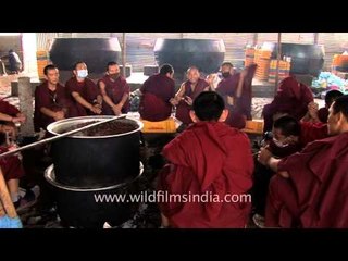 Monks sit around a fire - Bodhgaya, Bihar