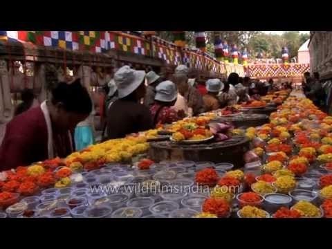 Rows of marigold garlands at Mahabodhi Buddhist temple, Bodhgaya