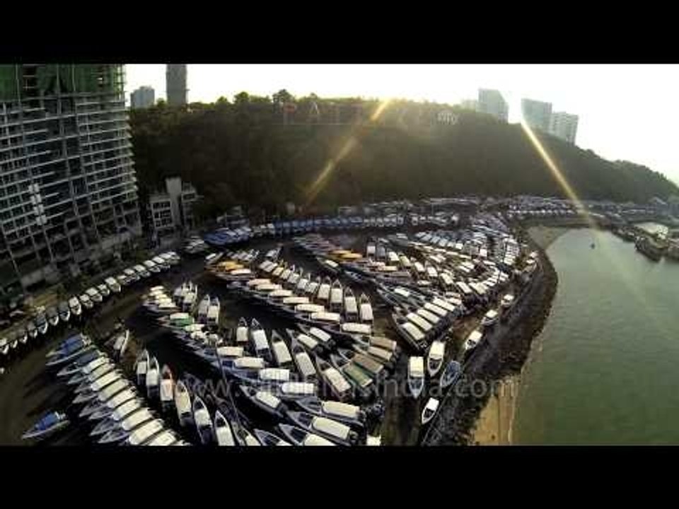 Moored sea boats at Pattaya beaches : Aerial view