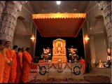 Buddhist monks inside Sarnath temple, Varanasi