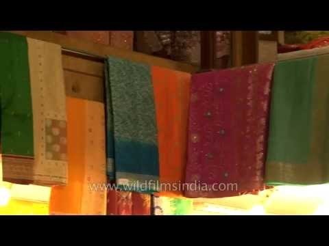 Colourful Banarsi sarees on display at a shop in Varanasi