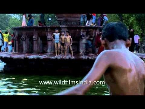 Young boys jump into Lutyen's designed fountains and ponds, to beat the heat