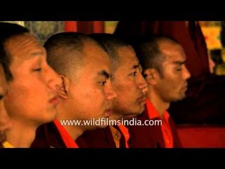 Tibetan Buddhist monks praying at Mindrolling Monastery