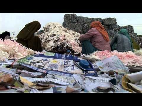 Workers assorting waste paper for recycling process in Uttar Pradesh