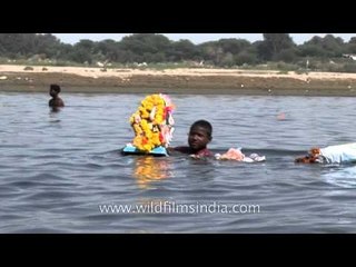 Hindu volunteer lowers an idol of Lord Ganesha into Yamuna river