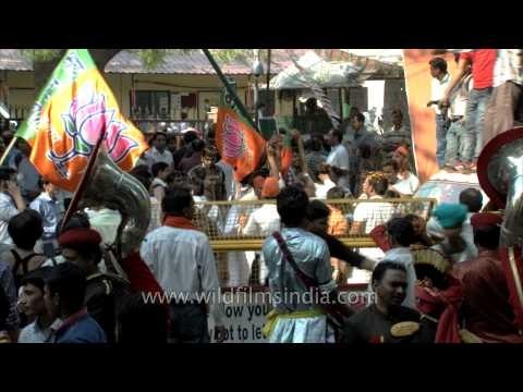 BJP supporters celebrate the party's winning preliminary result outside their office