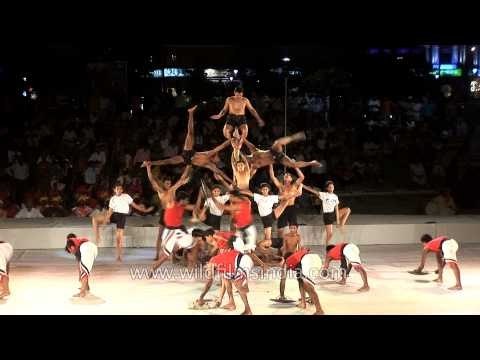 Artists showcasing their talent of Mallakhamb and Kalaripayattu
