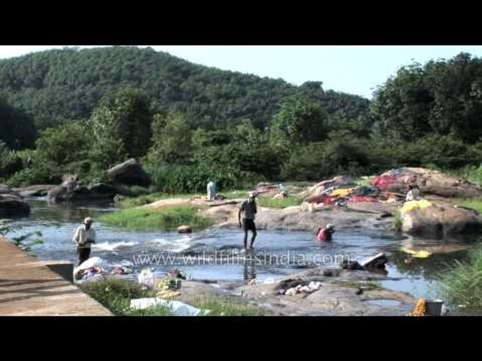 Man washing clothes in a river near Thiruvalluvar Temple, Kerala