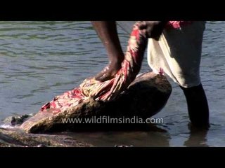 Man beating clothes on a stone at the river edge