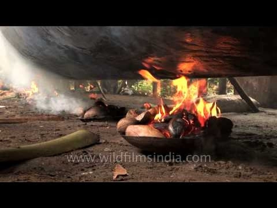 Local folks from Kerala repairing a traditional Snake boat