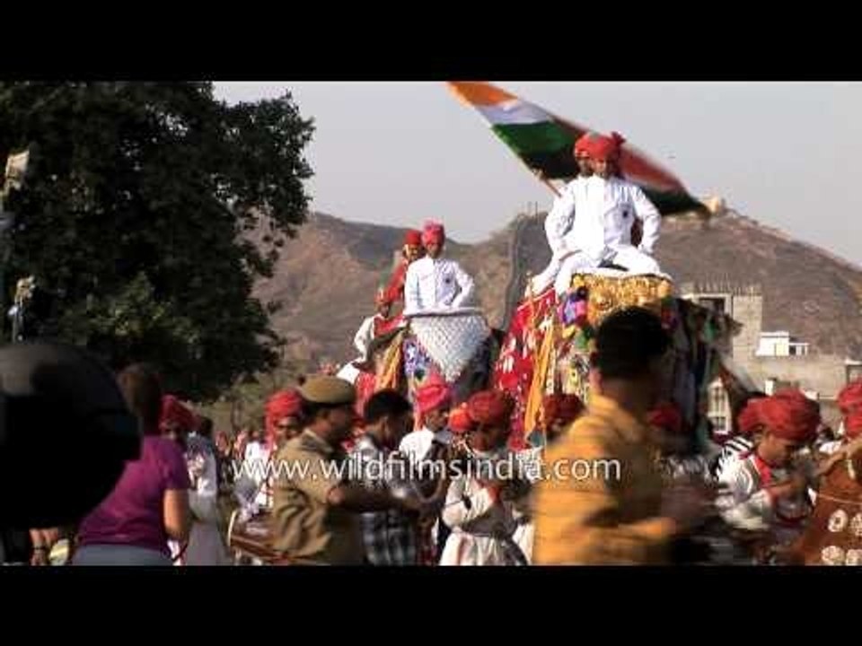 Mahout riding a decorated elephant during Jaipur Elephant Festival