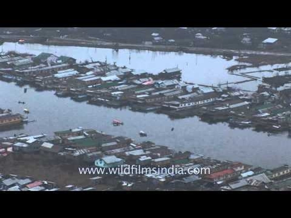 Aerial view of houseboats in Dal Lake, Srinagar