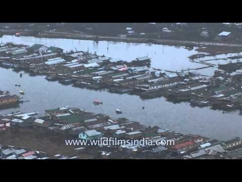 Aerial view of houseboats in Dal Lake, Srinagar