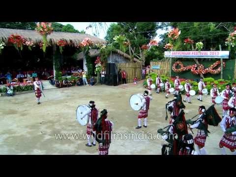 Young Mizo pipers in full traditional outfits