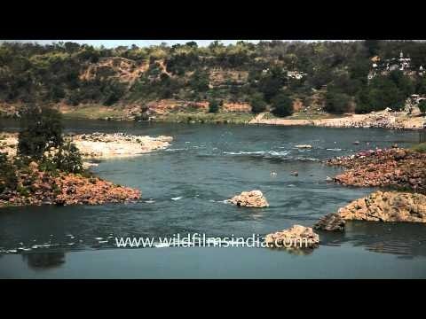 Narmada River flowing through Marble Rocks at Bhedaghat, Madhya Pradesh