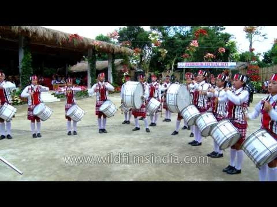 Mizo pipe band in traditional kilts perform at the Anthurium Festival