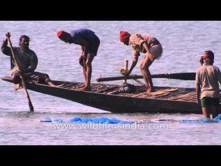 Men pulling nets, with fish out of the sea on Bakkhali beach