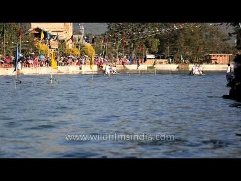Crew reaching the finishing point - boat race, Imphal