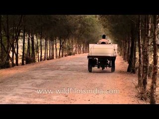 Man carrying large ice-cube at motor van, West Bengal