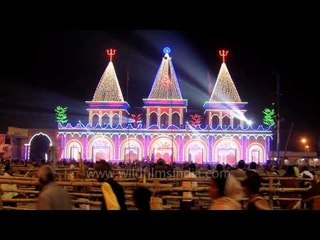 Kapil Muni temple illuminated brightly at night