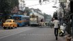 Trams roll along a Kolkata tramway