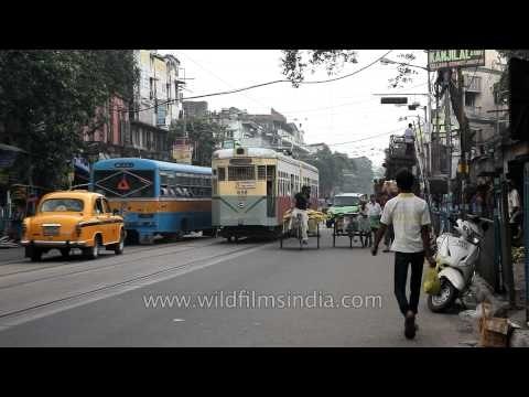 Trams roll along a Kolkata tramway