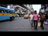 Trams moving in the streets of Kolkata