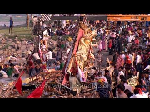 Visarjan on a crane! At the Durga Puja celebrations in Delhi