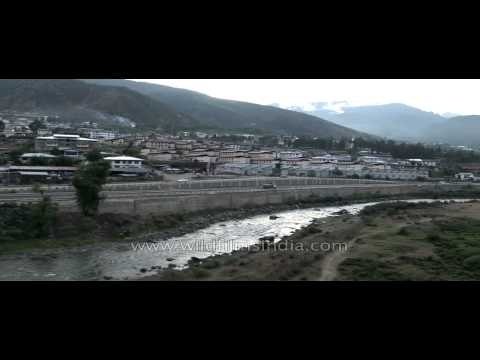 Paro town on the banks of Paro Chhu, Bhutan