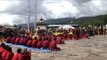 Bhutanese monks performing the Pa-Cham dance outside the moanstery in Bumthang, Bhutan