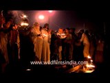 Evening Ganga aarti on the banks of Allahabad during Maha Kumbh