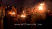 Holy crowd performs evening aarti at Allahabad Sangam during Maha Kumbh
