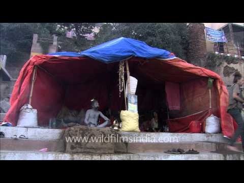 An Indian Naga Sadhu at the Juna Akhara camp during Maha Shivratri, Varanasi
