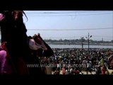 Holy Sadhu perform Shankh ceremony during Maha Kumbh at Allahabad