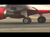 Under-carriage and wheels of Air India plane at Delhi airport