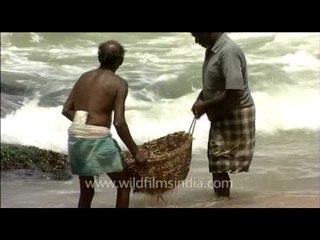 Two fisherman washing off sand from fish in sea water