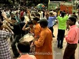Dancing devotees at the Jagannath Rath Yatra procession in Puri
