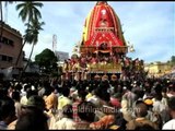 Ratha Tana or chariot pulling at the Ratha yatra procession in Puri