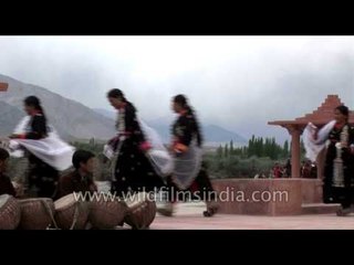 Ladakhi folk dancers rhythmically dancing to shenai and drum at the Singge Khababs festival