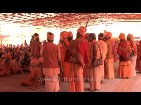 Naga sadhus waiting for prasad at Navaratri Bhandara in Varanasi