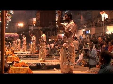Priests performing Incense Puja at the Ganga aarti in Varanasi