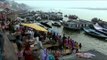Boats parked near Varanasi ghats on river Ganges