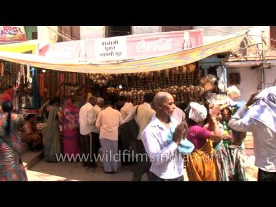 Traditional brass puja items store in Varanasi, Uttar Pradesh