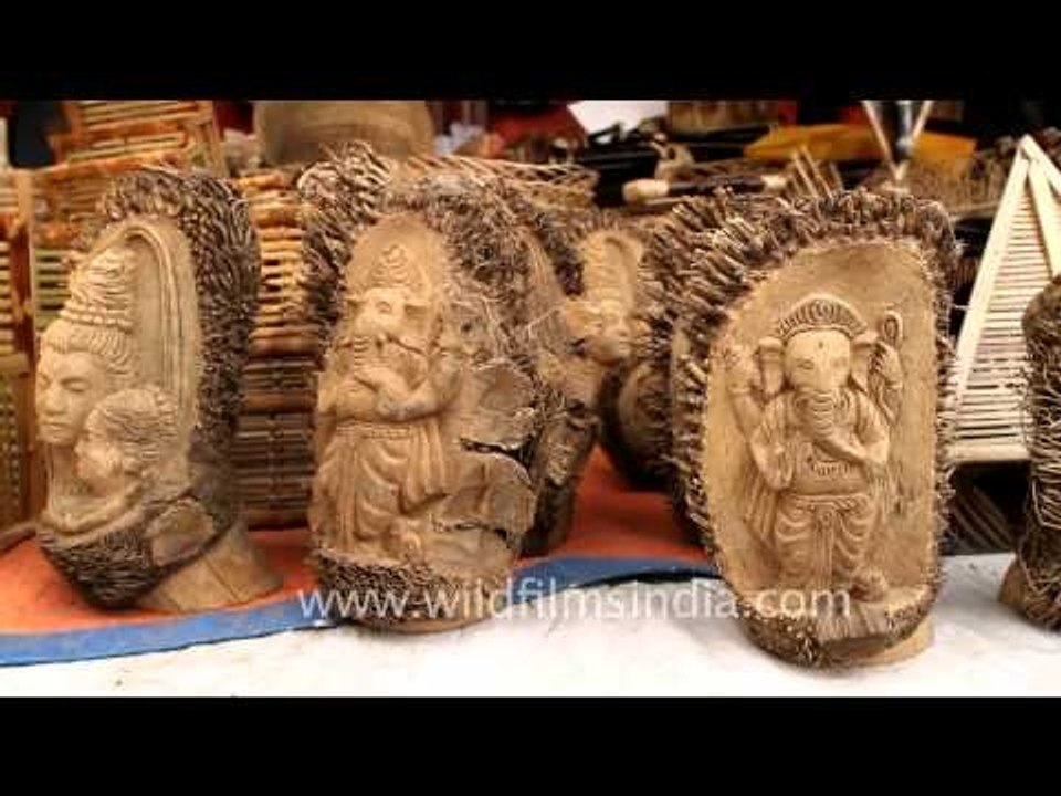 Display of wooden craft items at Surajkund Mela