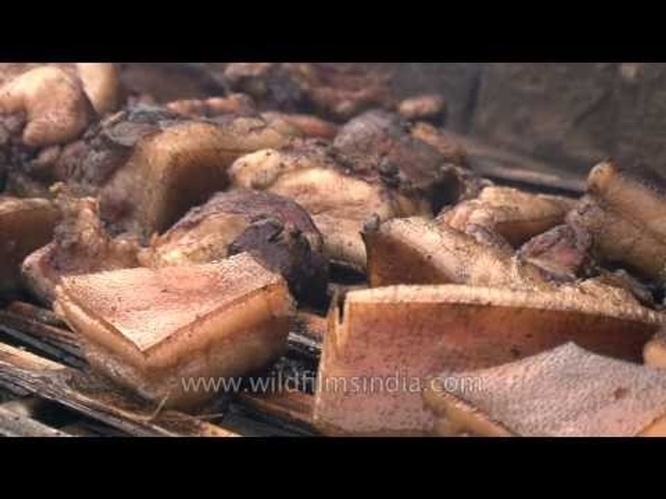 Smoked pork laid out in the open at Hornbill festival, Nagaland