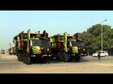 Indian army trucks and tanks showcased at the Republic Day rehearsal